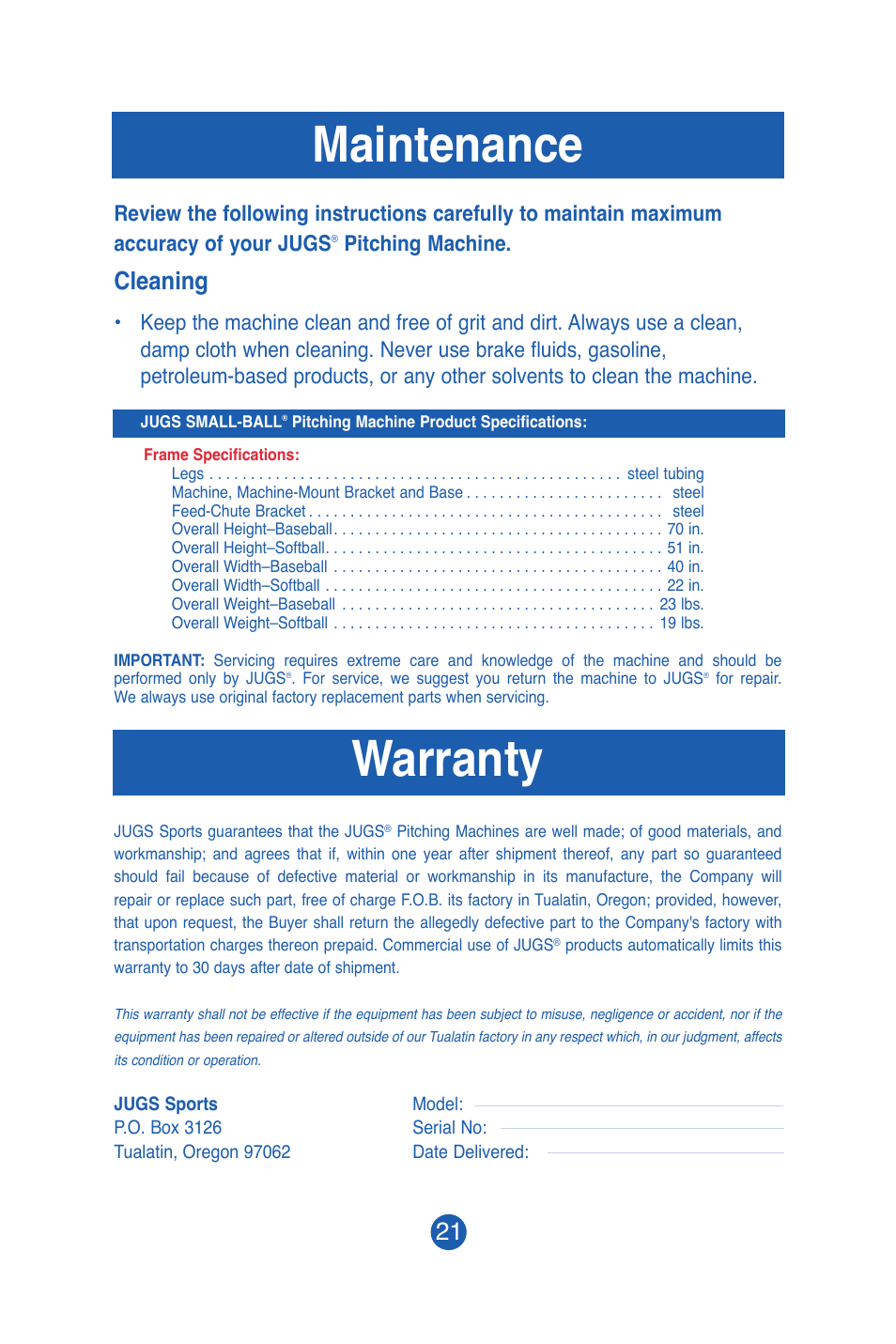 Maintenance, Warranty, Cleaning | Pitching machine | JUGS Sports SMALL-BALL Pitching Machine User Manual | Page 22 / 24