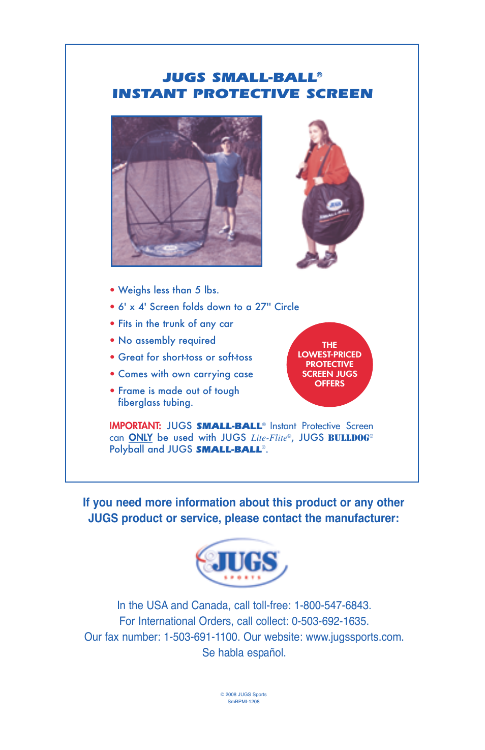 Jugs small-ball, Instant protective screen | JUGS Sports SMALL-BALL Pitching Machine User Manual | Page 24 / 24