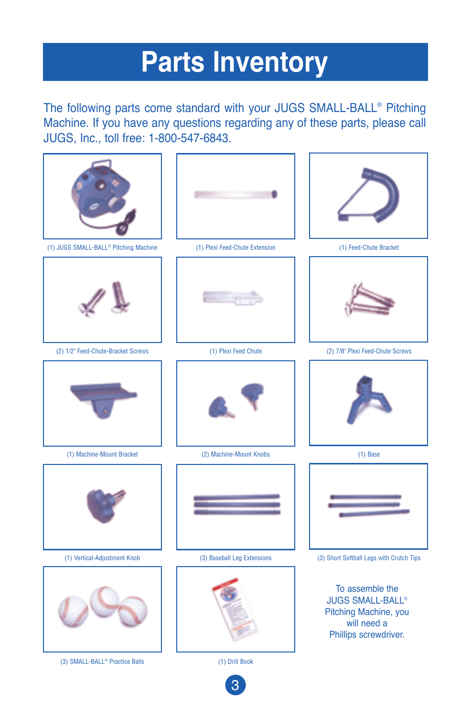 Parts inventory | JUGS Sports SMALL-BALL Pitching Machine User Manual | Page 4 / 24