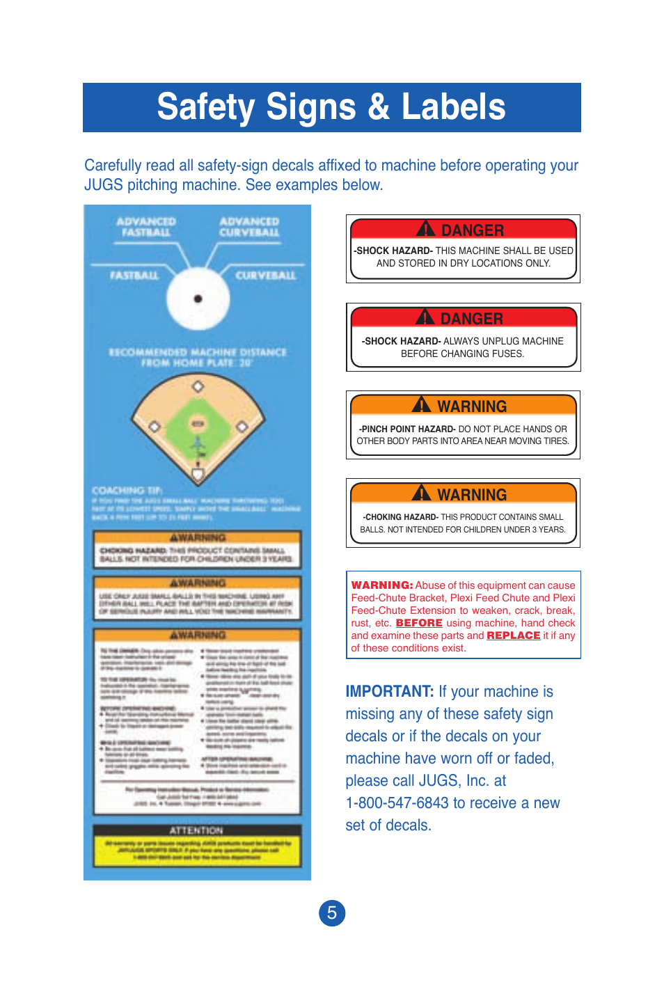 Safety signs & labels | JUGS Sports SMALL-BALL Pitching Machine User Manual | Page 6 / 24