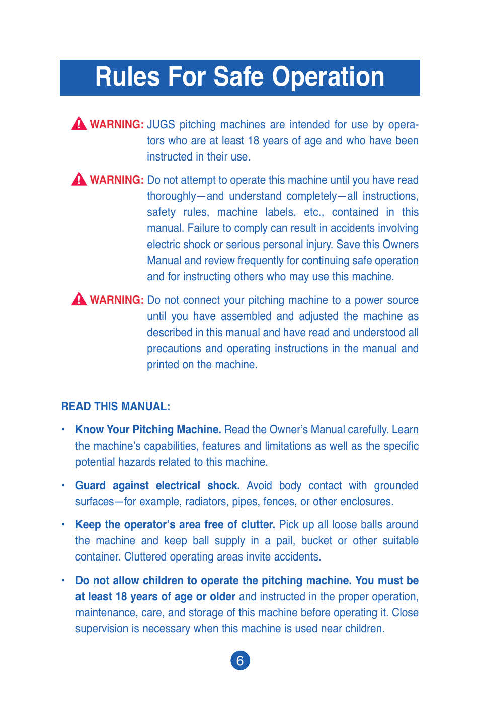 Rules for safe operation | JUGS Sports SMALL-BALL Pitching Machine User Manual | Page 7 / 24