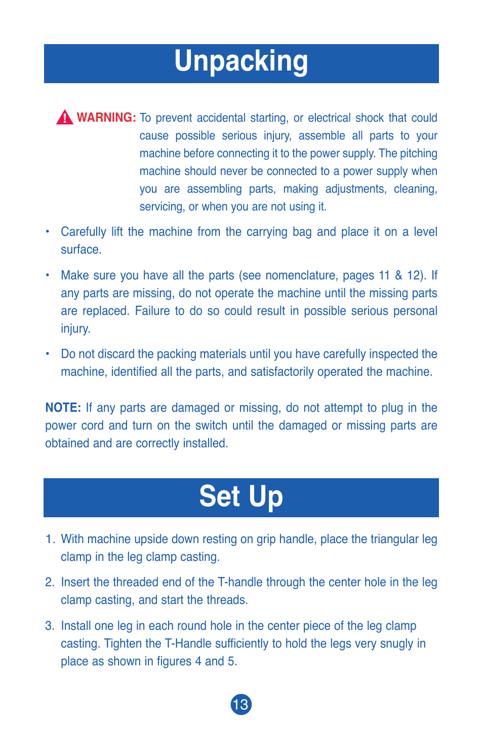 Unpacking, Set up | JUGS Sports Lite-Flite Machine User Manual | Page 14 / 24