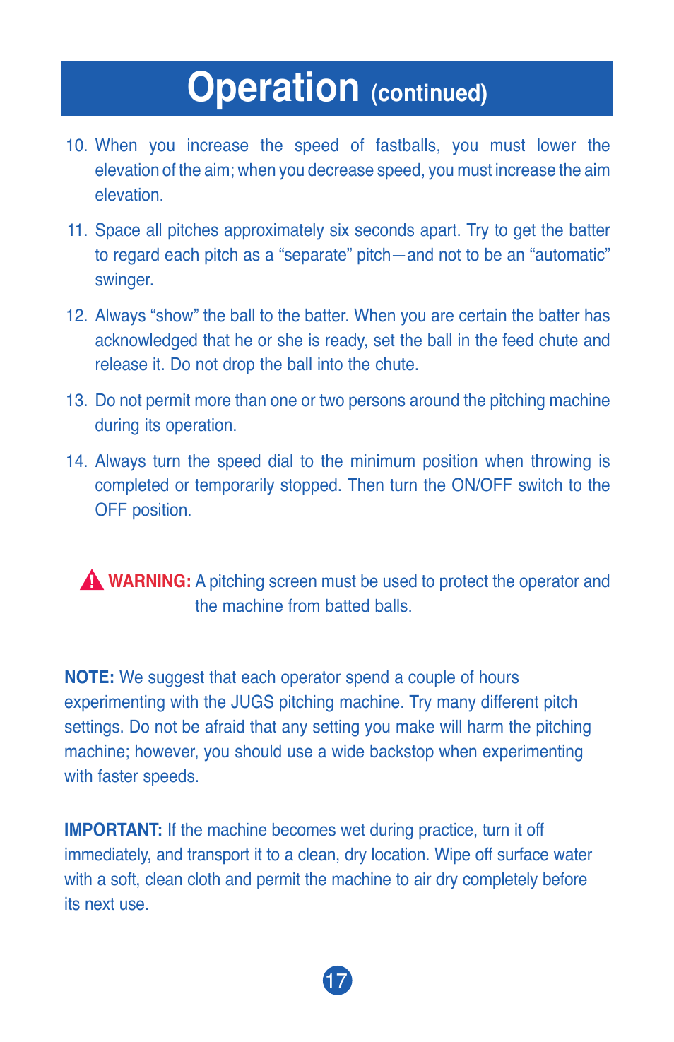 Operation, Continued) | JUGS Sports Lite-Flite Machine User Manual | Page 18 / 24