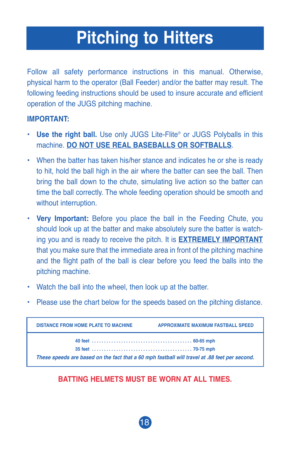 Pitching to hitters | JUGS Sports Lite-Flite Machine User Manual | Page 19 / 24