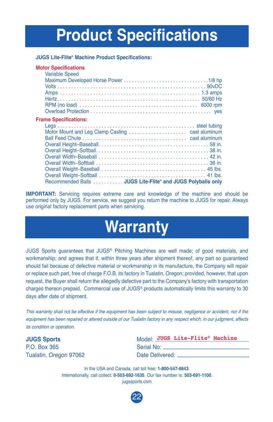 Product specifications, Warranty | JUGS Sports Lite-Flite Machine User Manual | Page 23 / 24