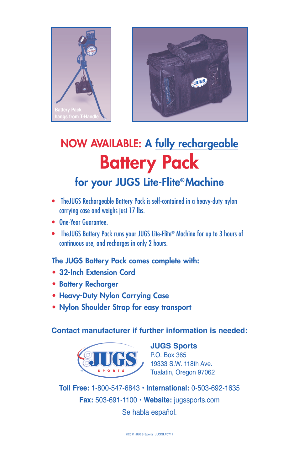 Battery pack, Now available: a fully rechargeable, For your jugs lite-flite | Machine | JUGS Sports Lite-Flite Machine User Manual | Page 24 / 24