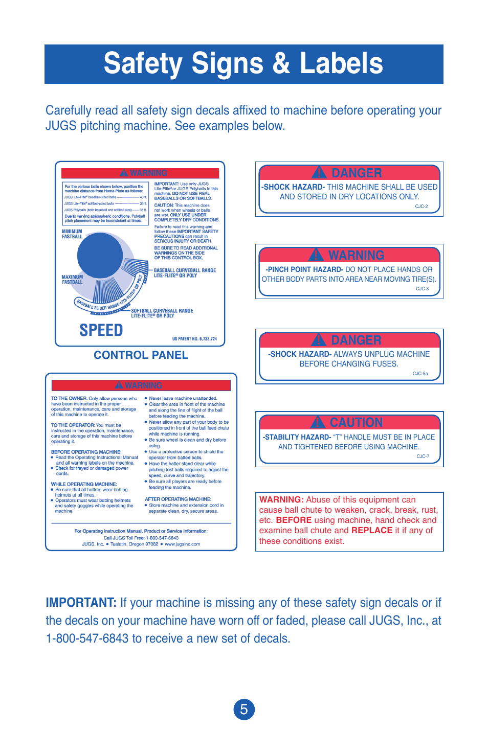 Safety signs & labels, Danger, Warning | Caution | JUGS Sports Lite-Flite Machine User Manual | Page 6 / 24