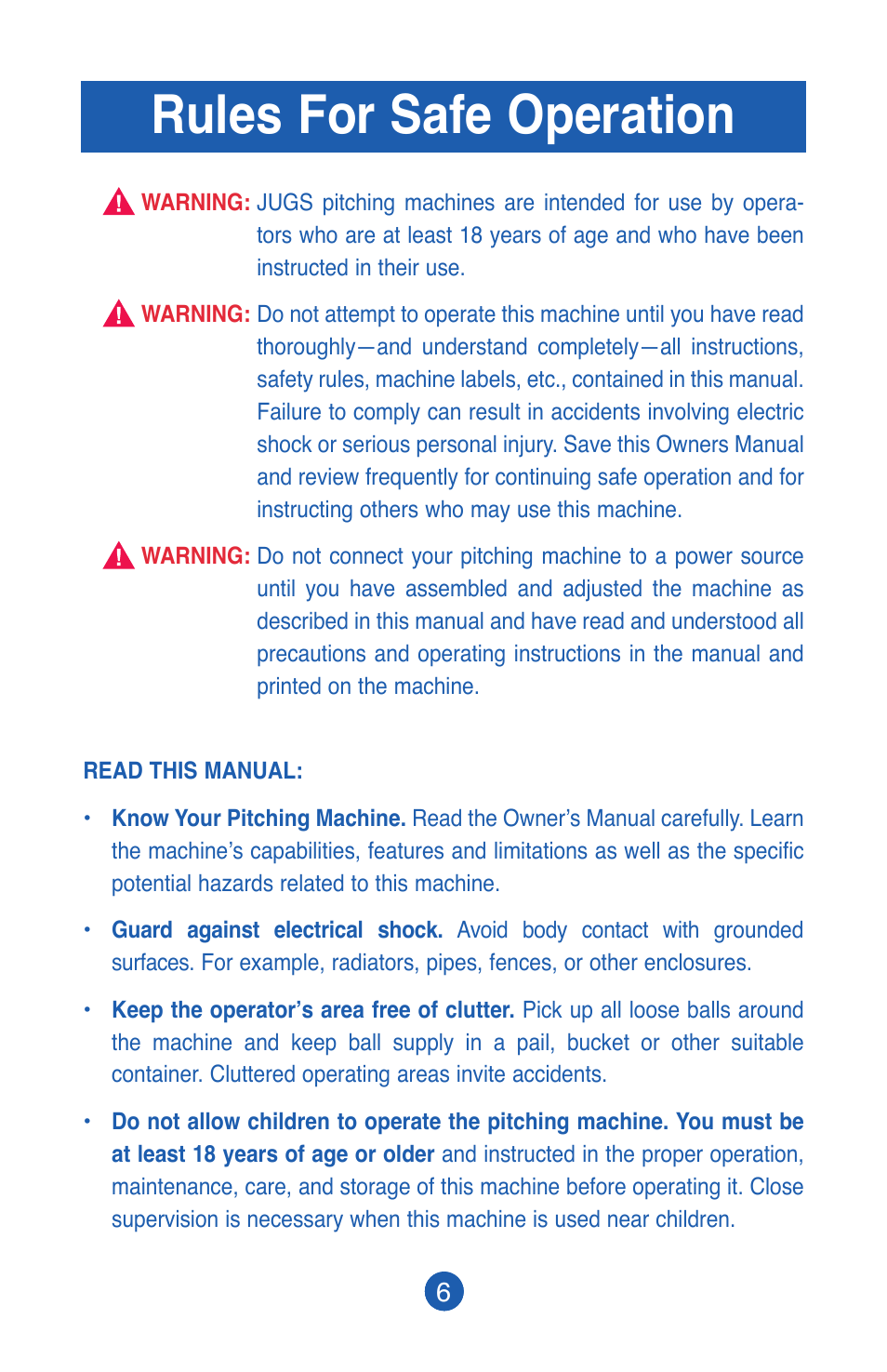 Rules for safe operation | JUGS Sports Lite-Flite Machine User Manual | Page 7 / 24