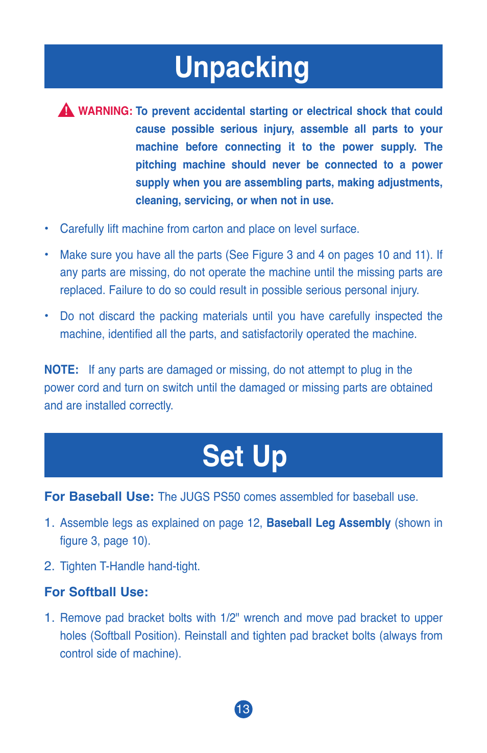 Unpacking, Set up | JUGS Sports PS50 Pitching Machine User Manual | Page 15 / 28