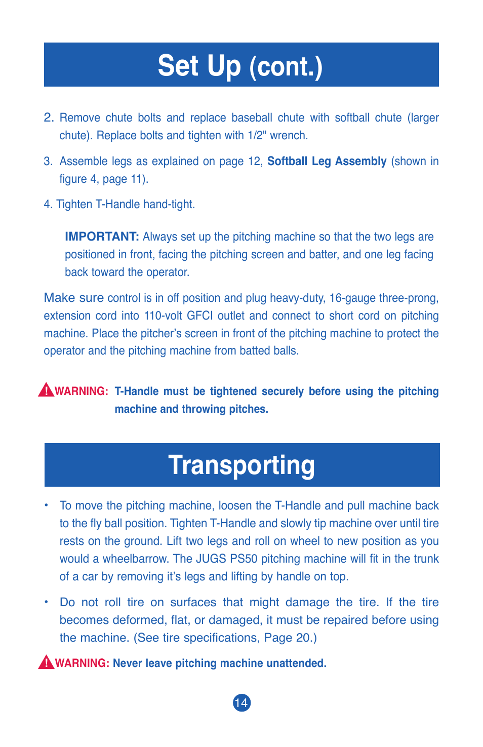 Set up, Transporting, Cont.) | JUGS Sports PS50 Pitching Machine User Manual | Page 16 / 28