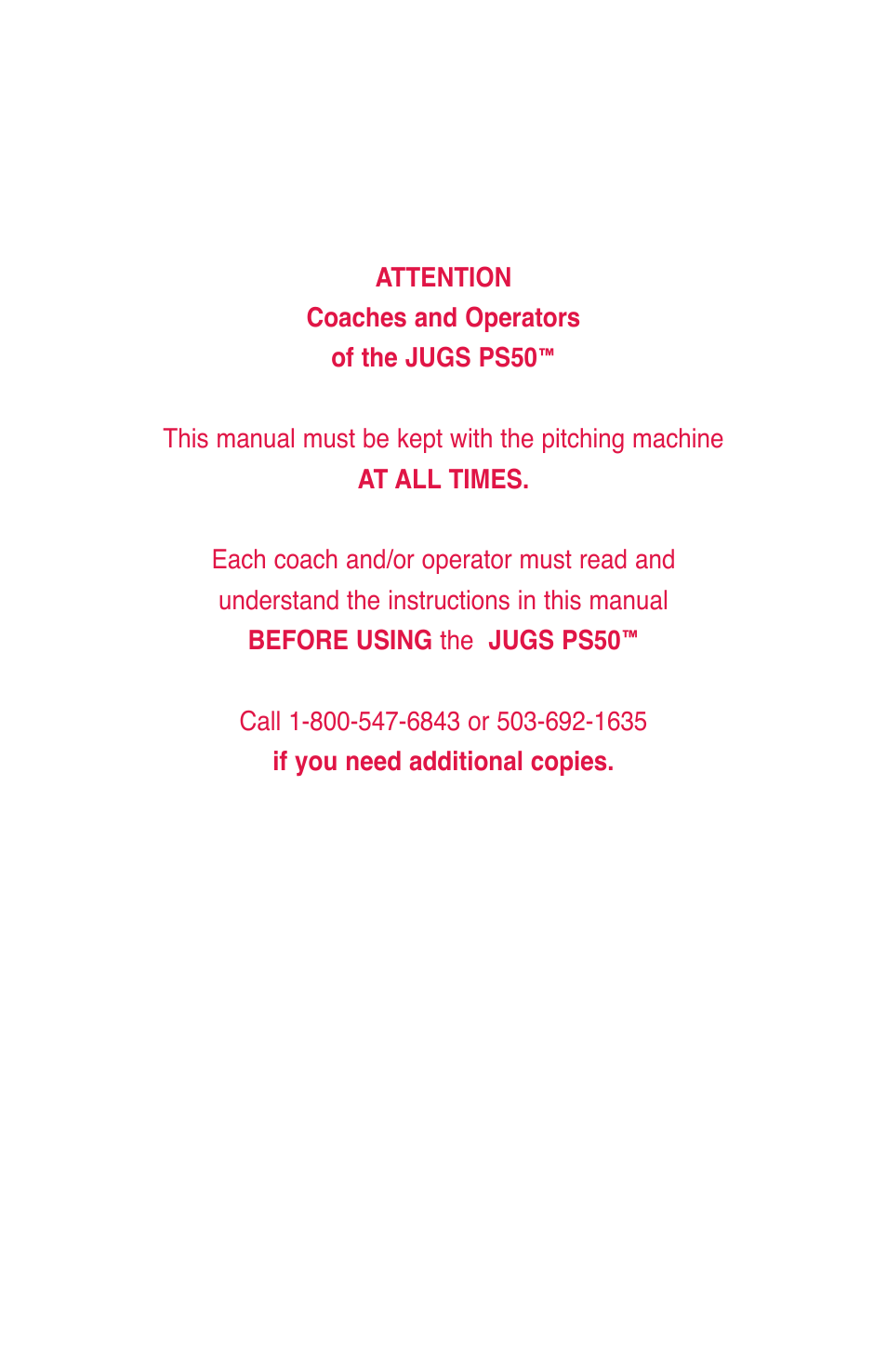 JUGS Sports PS50 Pitching Machine User Manual | Page 2 / 28