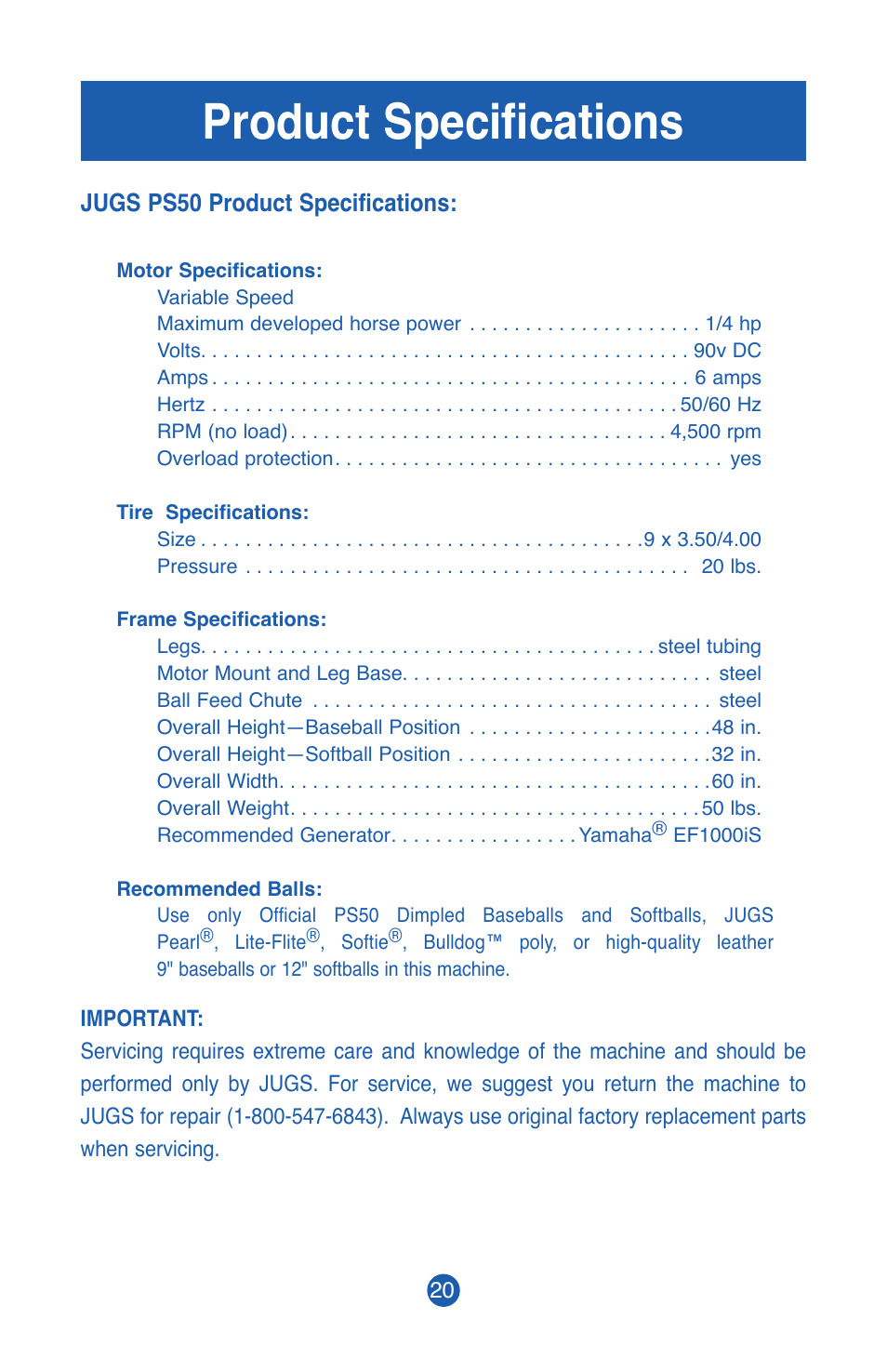 Product specifications, Jugs ps50 product specifications | JUGS Sports PS50 Pitching Machine User Manual | Page 22 / 28