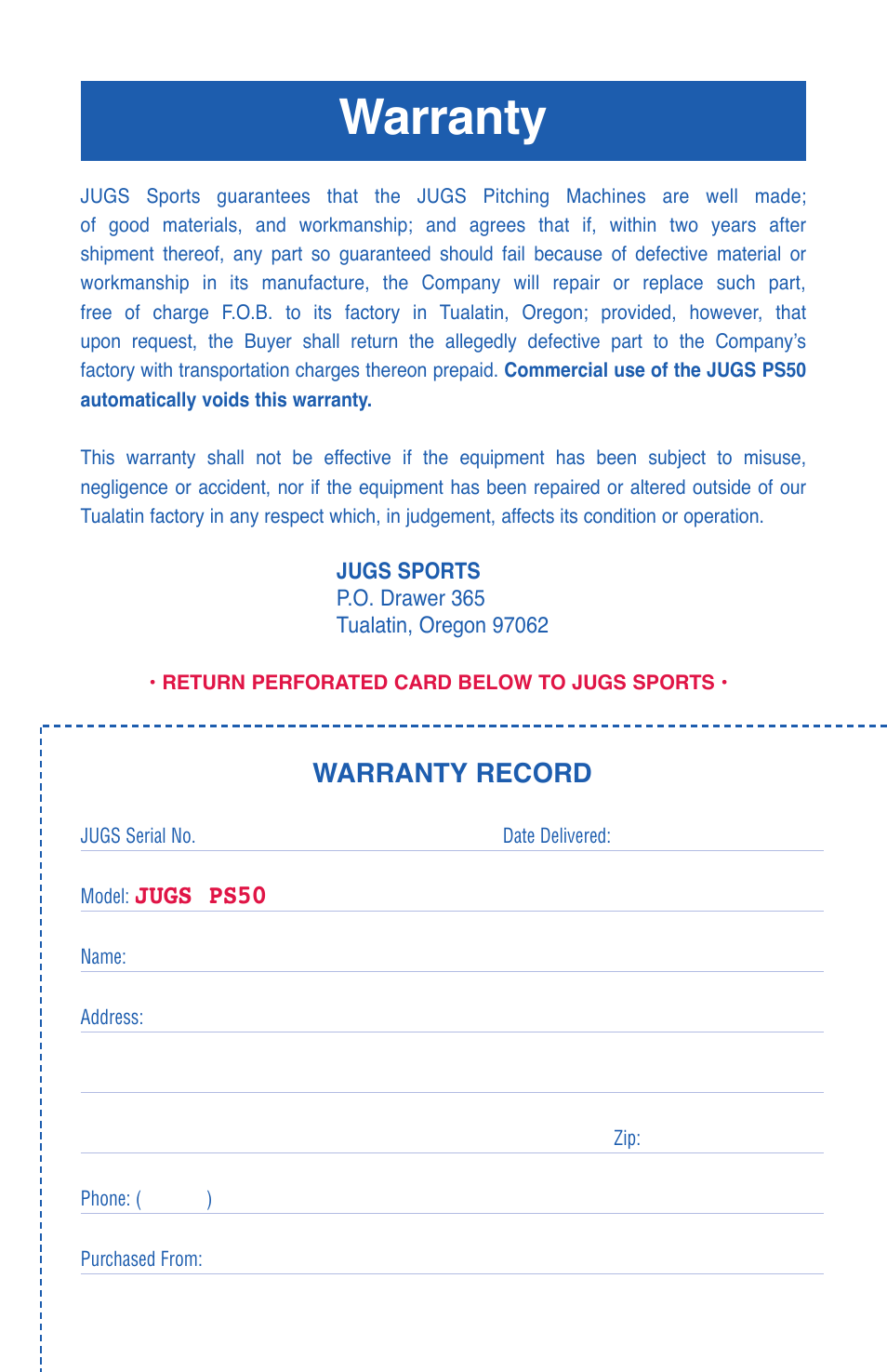 Warranty, Warranty record, Jugs ps50 | JUGS Sports PS50 Pitching Machine User Manual | Page 25 / 28