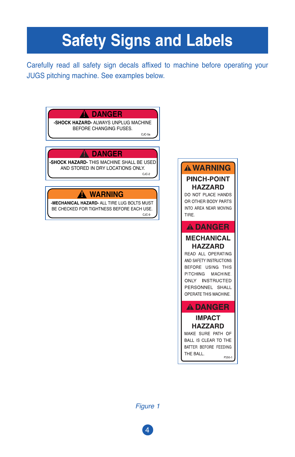 Safety signs and labels, Warning, Danger | JUGS Sports PS50 Pitching Machine User Manual | Page 6 / 28