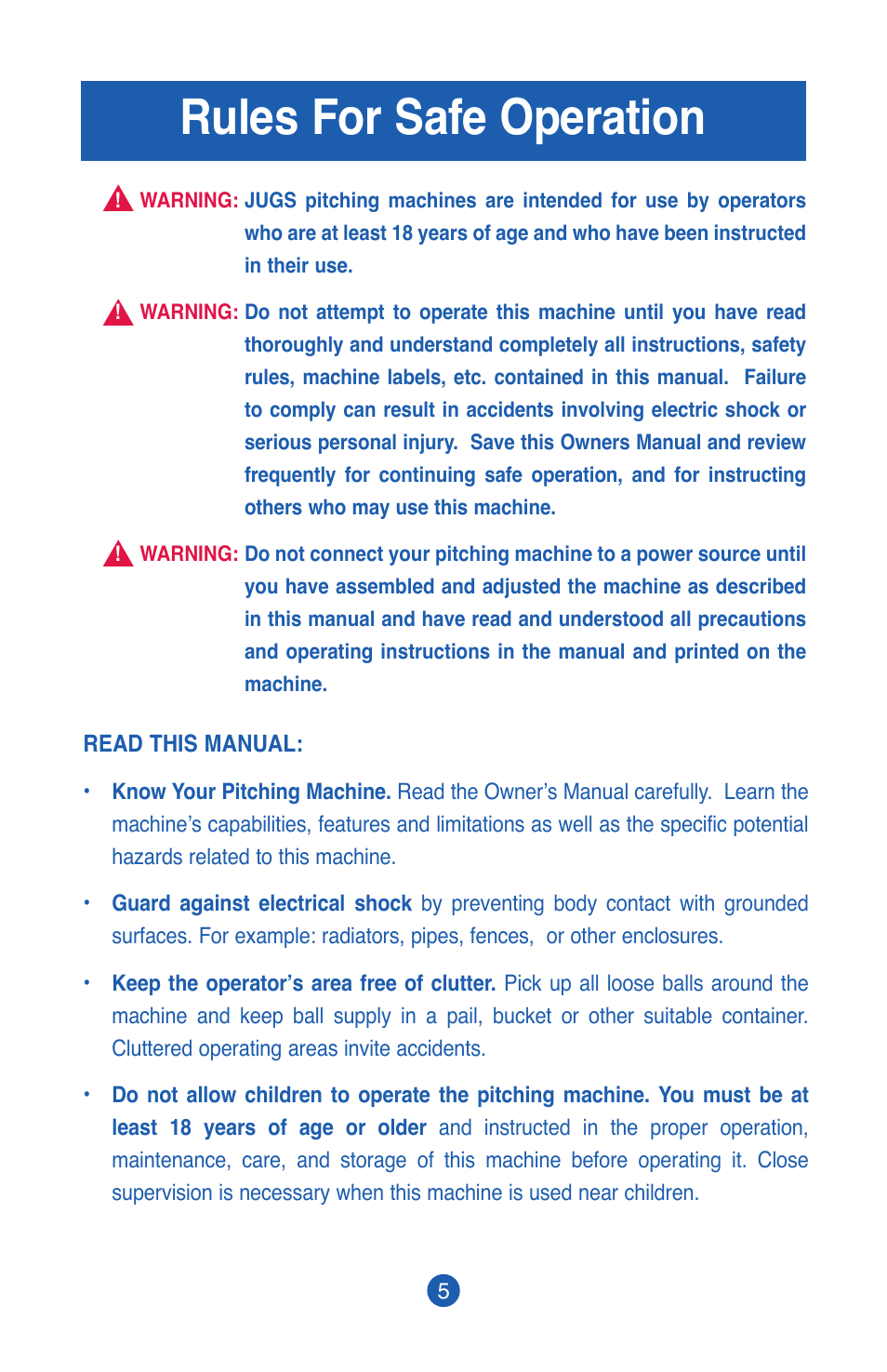 Rules for safe operation | JUGS Sports PS50 Pitching Machine User Manual | Page 7 / 28