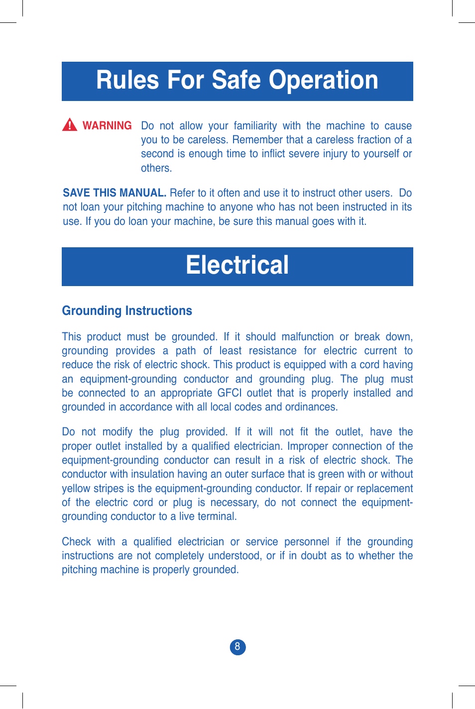 Electrical rules for safe operation | JUGS Sports Super/Softball Pitching Machine User Manual | Page 10 / 32