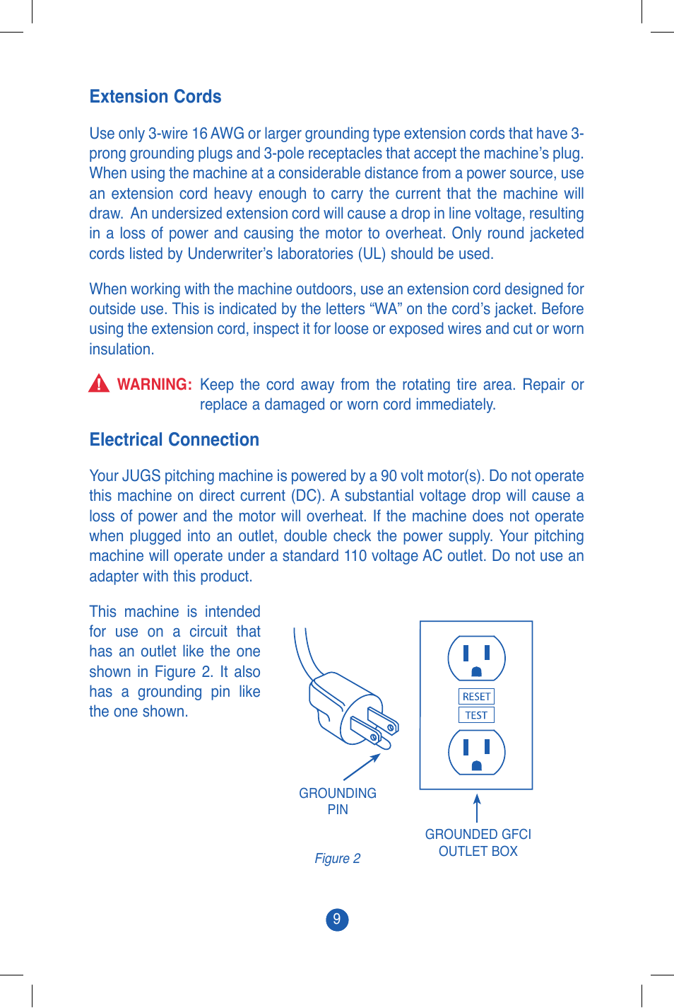 Extension cords, Electrical connection | JUGS Sports Super/Softball Pitching Machine User Manual | Page 11 / 32