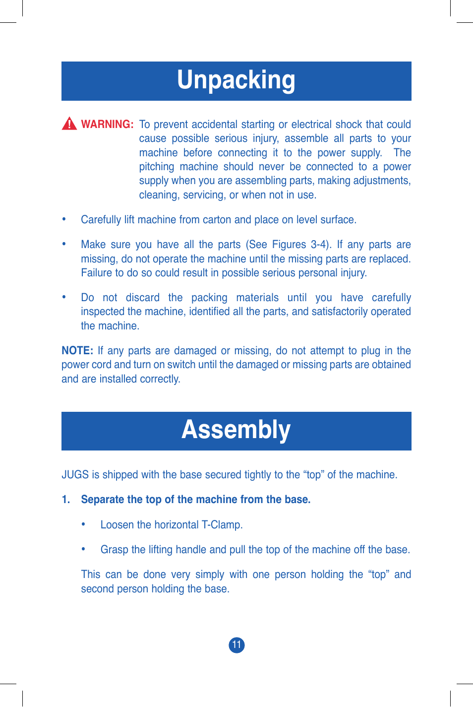 Assembly, Unpacking | JUGS Sports Super/Softball Pitching Machine User Manual | Page 13 / 32