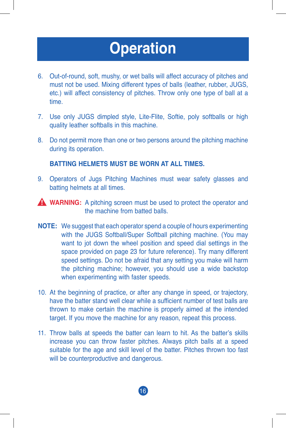 Operation | JUGS Sports Super/Softball Pitching Machine User Manual | Page 18 / 32