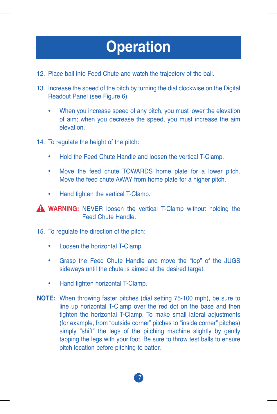 Operation | JUGS Sports Super/Softball Pitching Machine User Manual | Page 19 / 32