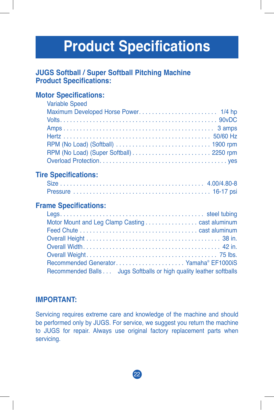 Product specifications | JUGS Sports Super/Softball Pitching Machine User Manual | Page 24 / 32