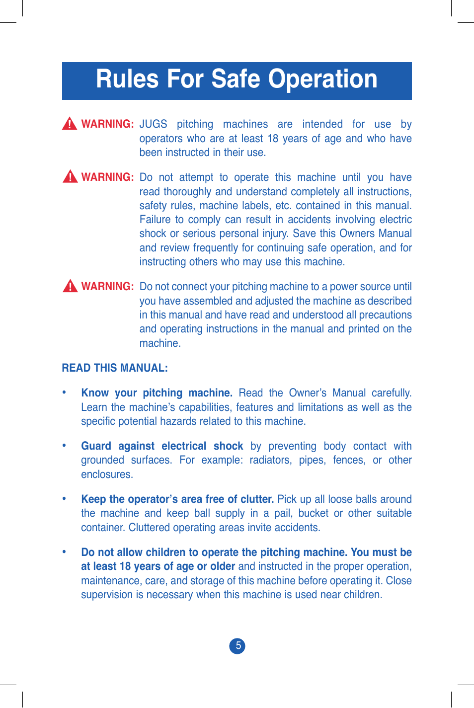 Rules for safe operation | JUGS Sports Super/Softball Pitching Machine User Manual | Page 7 / 32