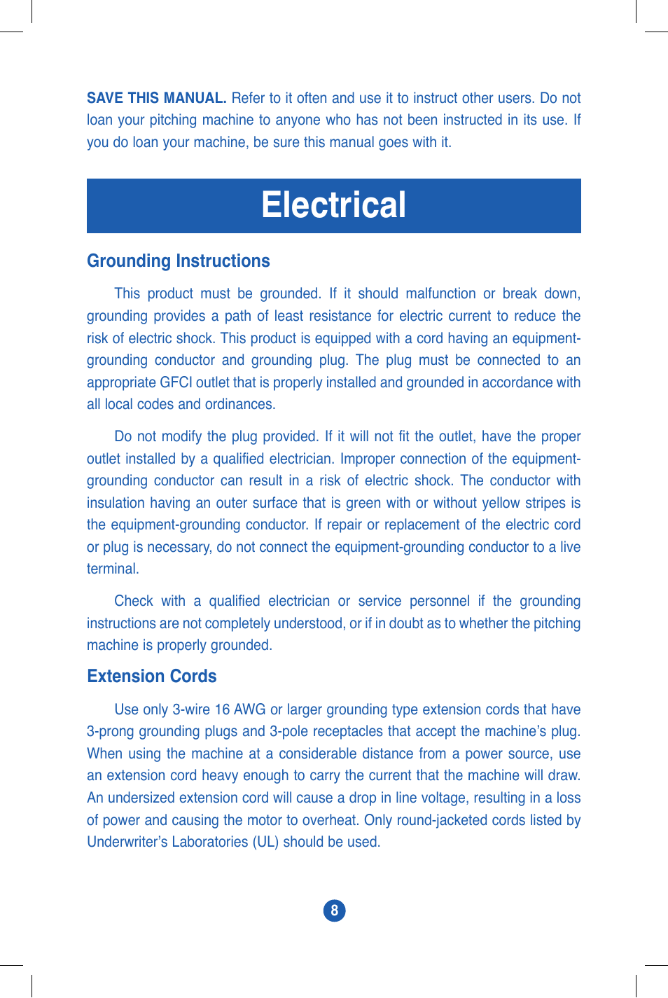 Electrical | JUGS Sports MVP Baseball (1 wheel) Pitching Machine User Manual | Page 9 / 24