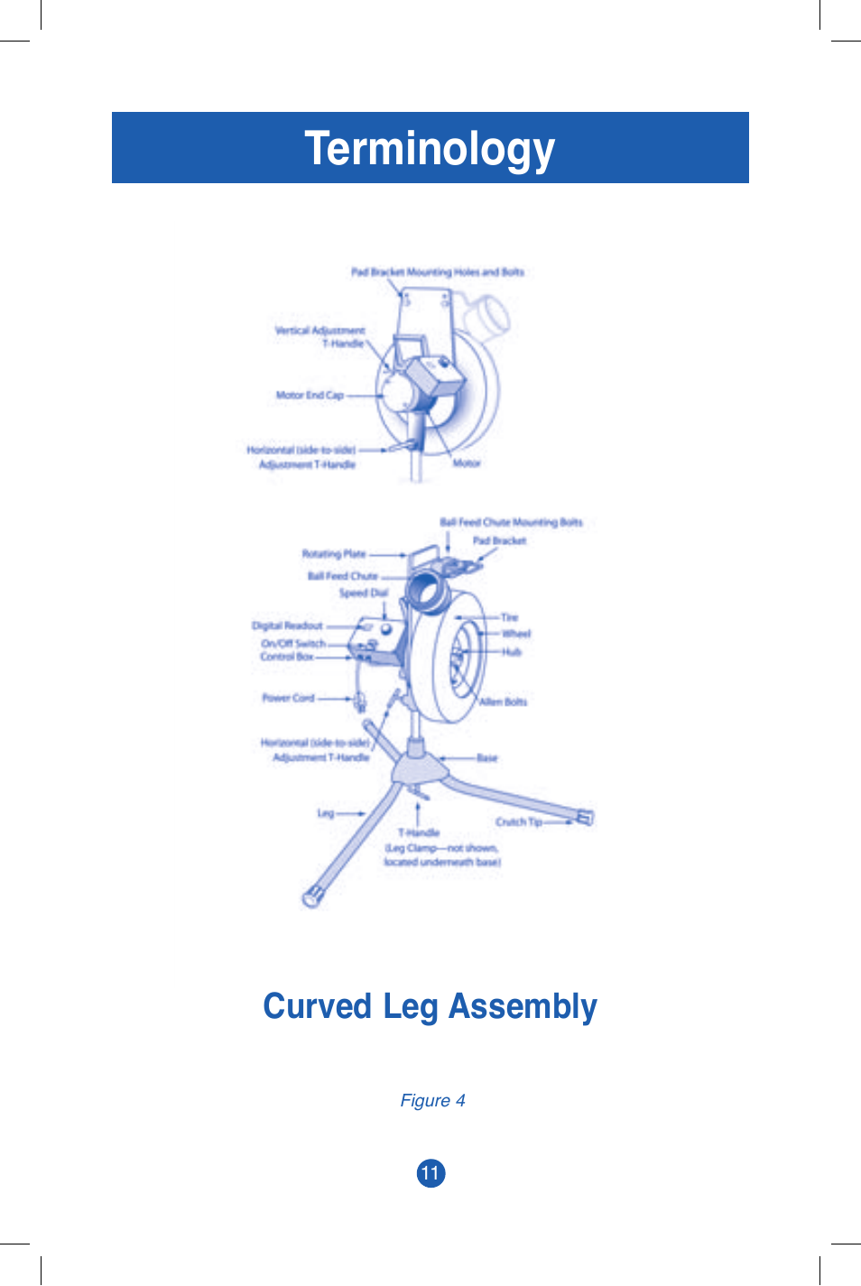 Terminology, Curved leg assembly | JUGS Sports Jr. Baseball & Softball (1 wheel) Pitching Machine User Manual | Page 13 / 36