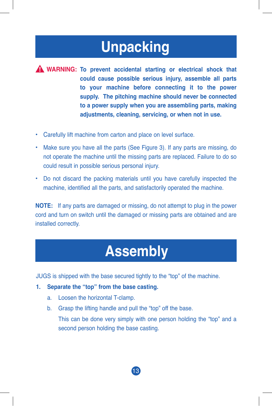 Unpacking assembly | JUGS Sports Jr. Baseball & Softball (1 wheel) Pitching Machine User Manual | Page 15 / 36