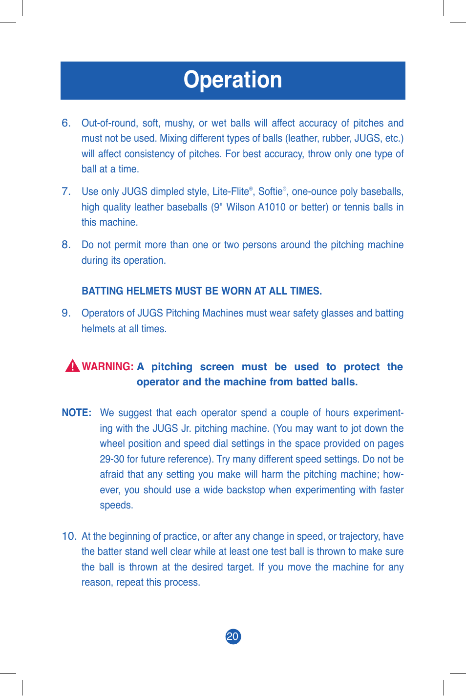 Operation | JUGS Sports Jr. Baseball & Softball (1 wheel) Pitching Machine User Manual | Page 22 / 36