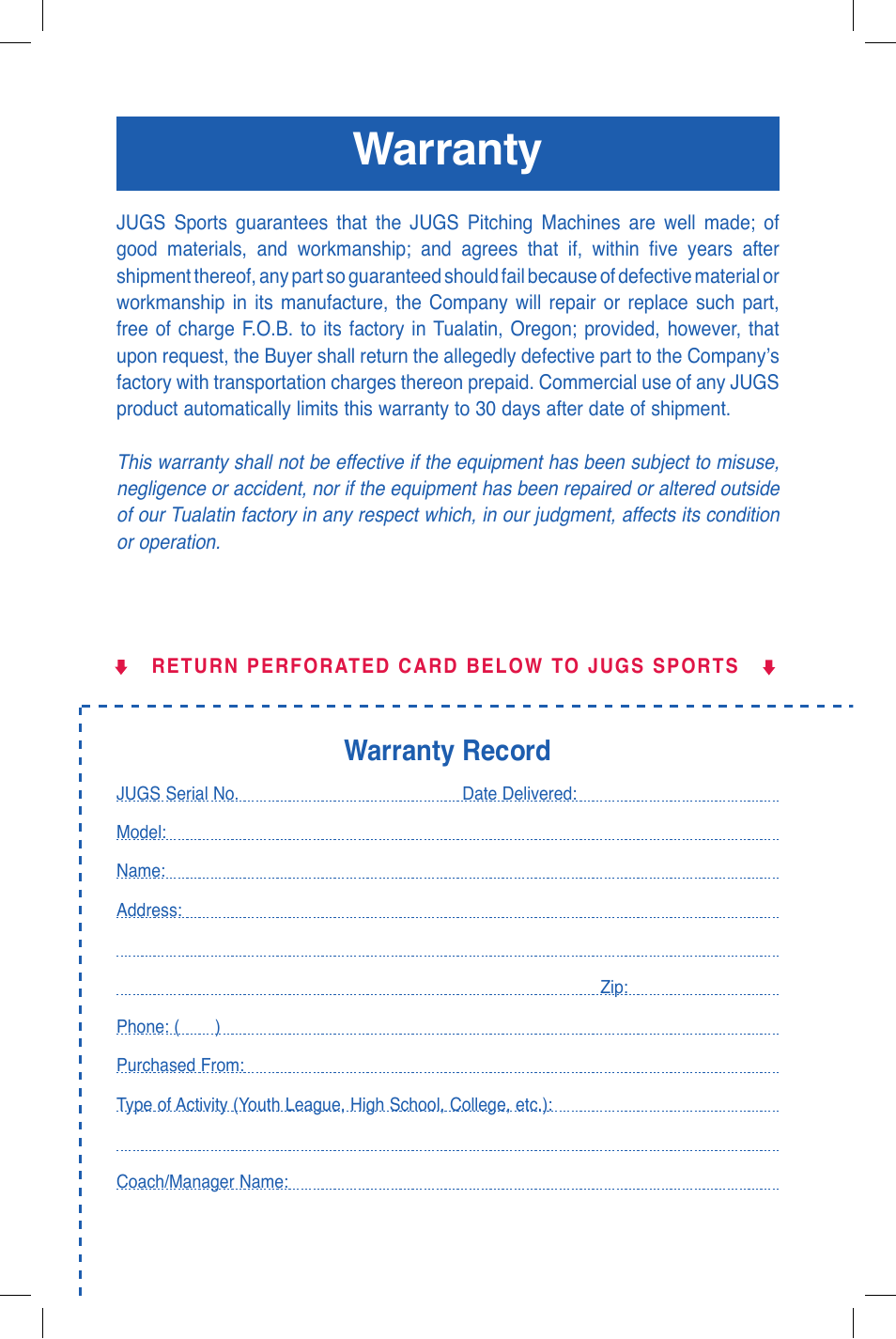 Warranty, Warranty record | JUGS Sports Jr. Baseball & Softball (1 wheel) Pitching Machine User Manual | Page 33 / 36