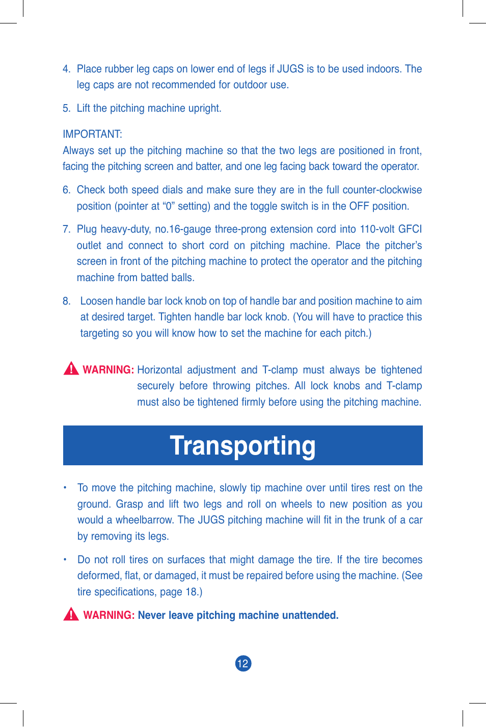 Transporting | JUGS Sports Curveball (2 wheel) Pitching Machine User Manual | Page 14 / 32