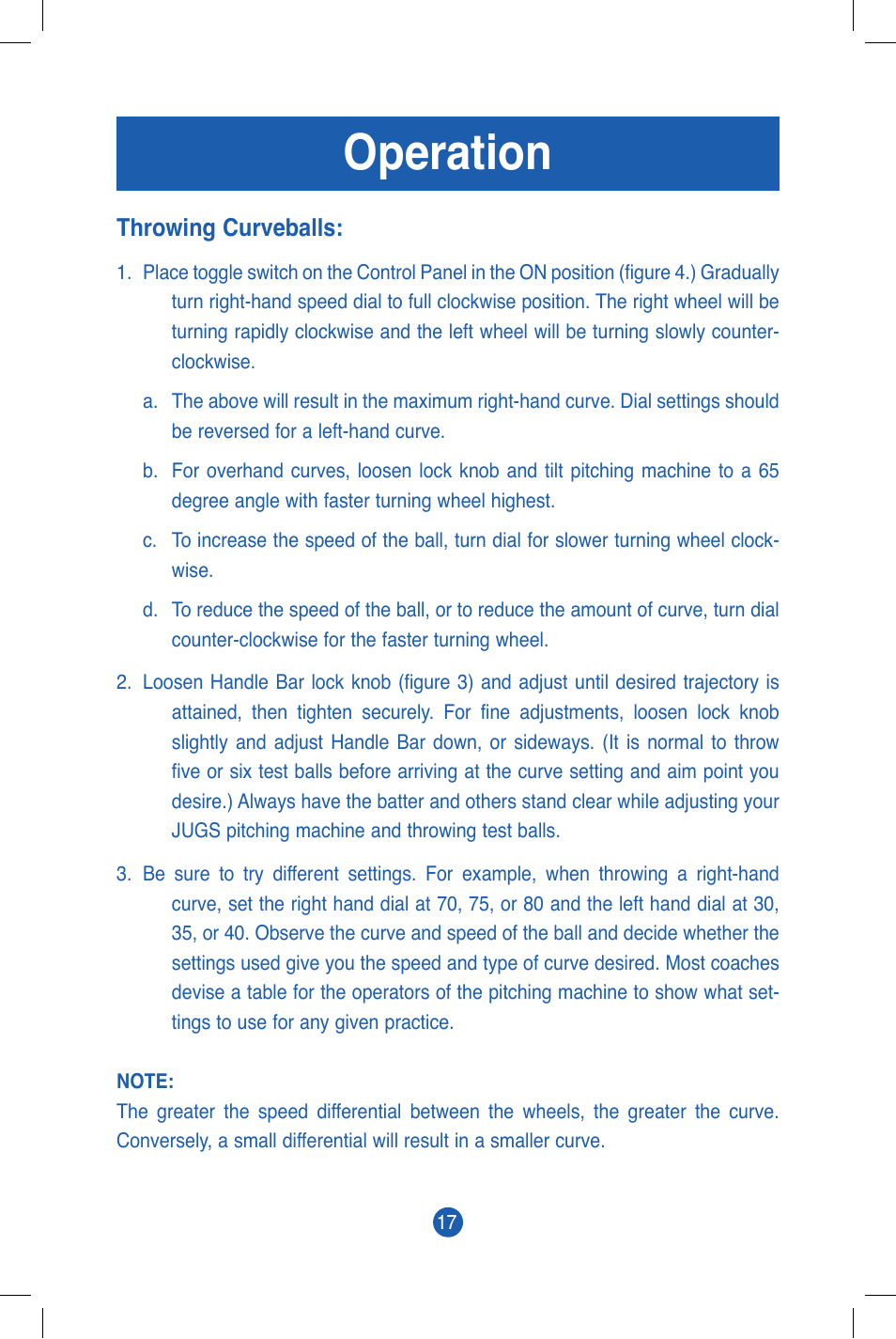Operation | JUGS Sports Curveball (2 wheel) Pitching Machine User Manual | Page 19 / 32