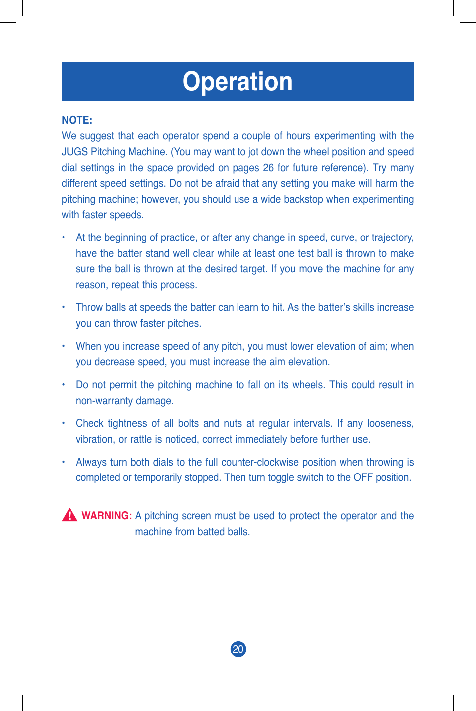Operation | JUGS Sports Curveball (2 wheel) Pitching Machine User Manual | Page 22 / 32