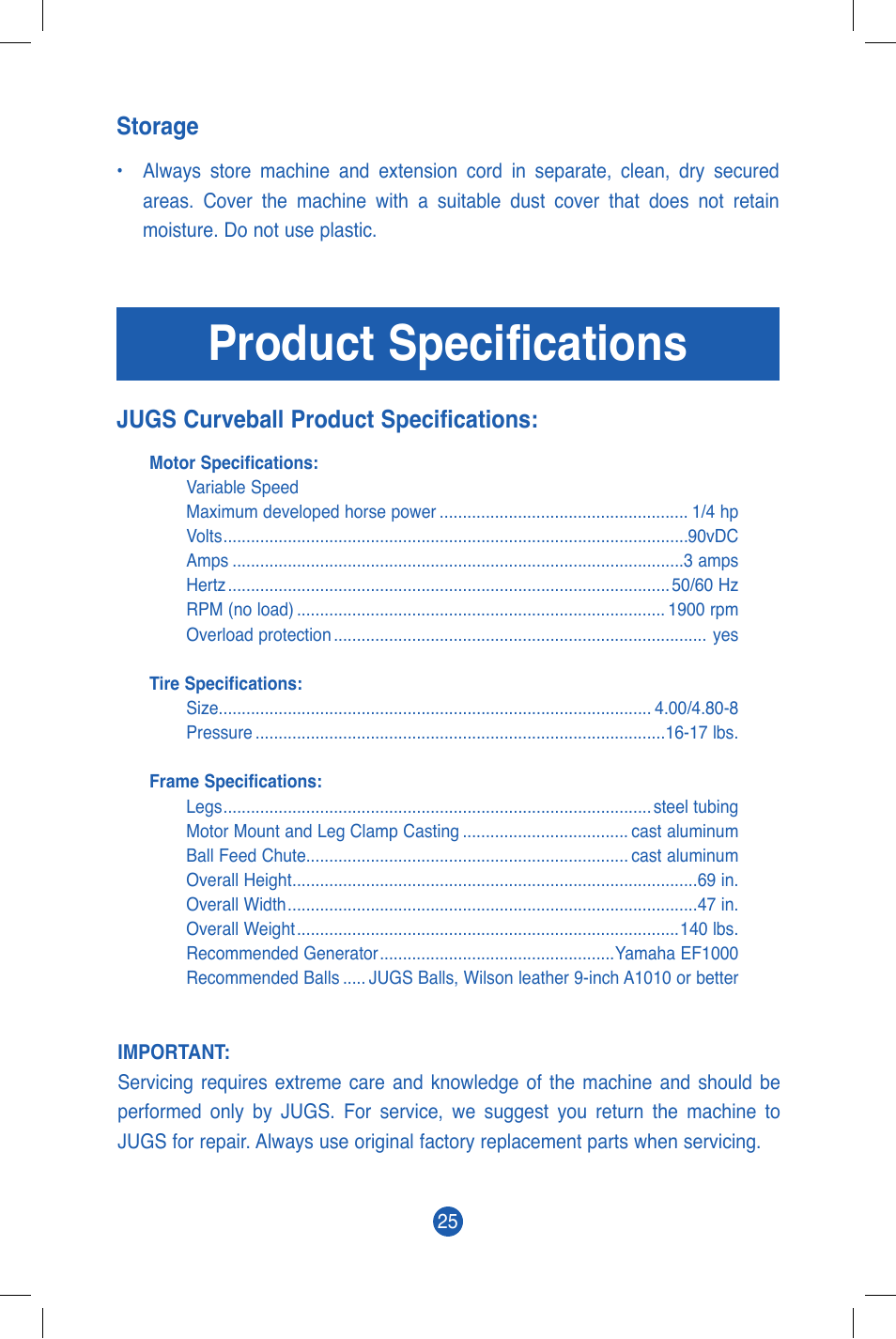 Product specifications, Jugs curveball product specifications: storage | JUGS Sports Curveball (2 wheel) Pitching Machine User Manual | Page 27 / 32