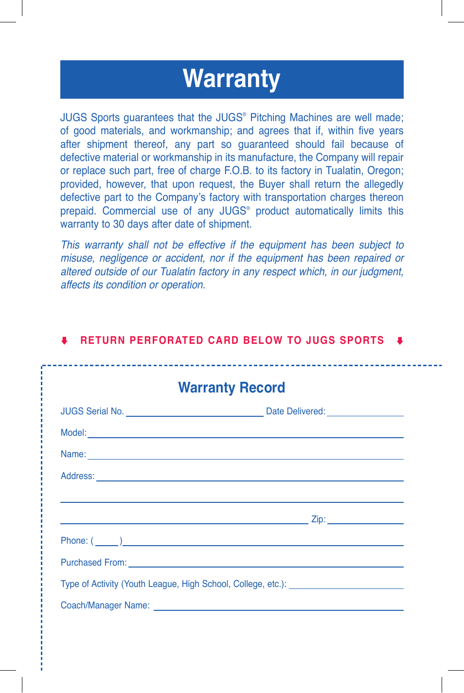 Warranty, Warranty record | JUGS Sports Curveball (2 wheel) Pitching Machine User Manual | Page 29 / 32