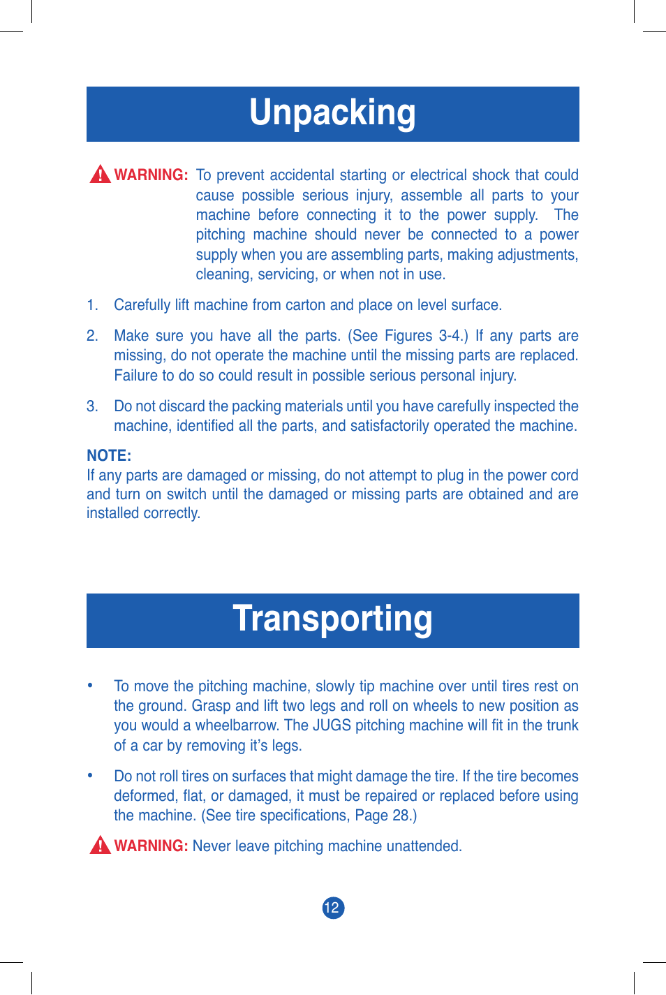 Transporting, Unpacking | JUGS Sports Combo (2 wheel) Pitching Machine User Manual | Page 14 / 36