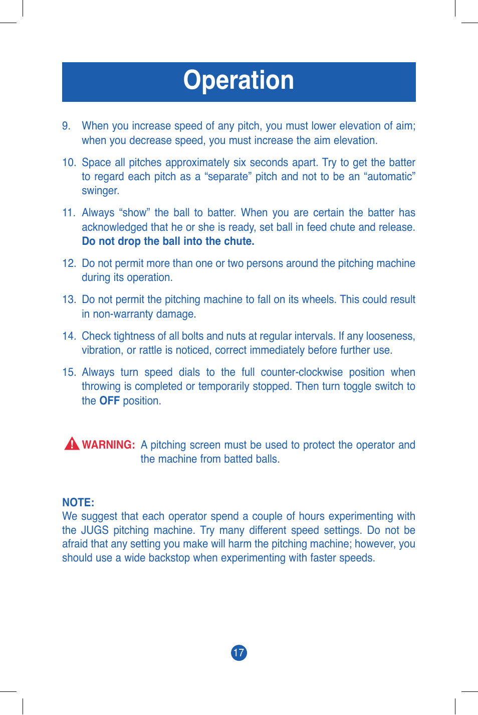 Operation | JUGS Sports Combo (2 wheel) Pitching Machine User Manual | Page 19 / 36