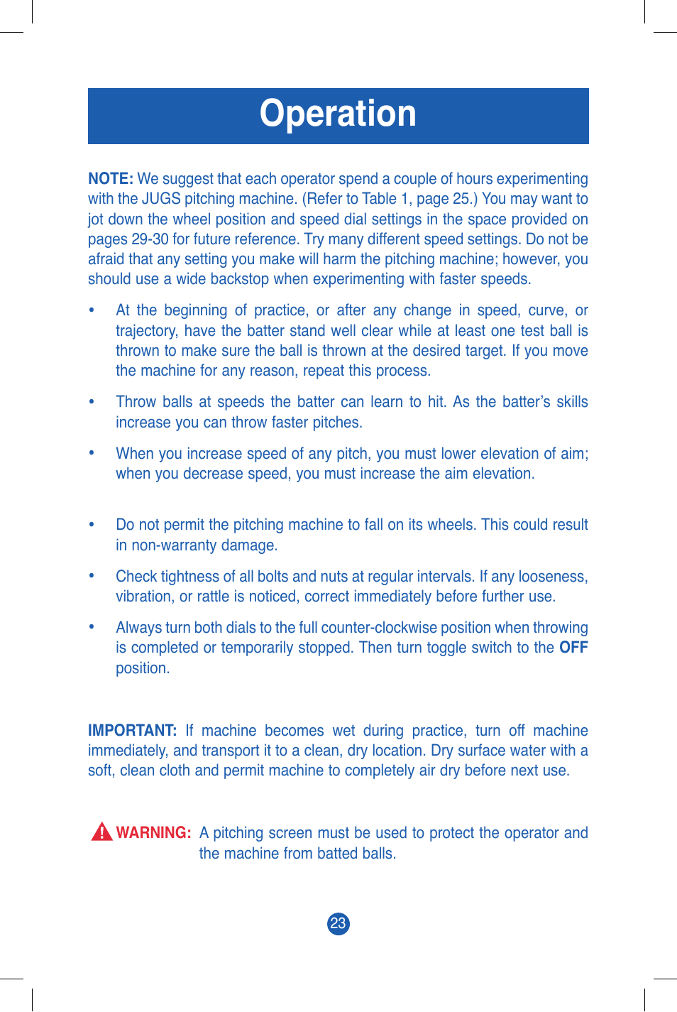 Operation | JUGS Sports Combo (2 wheel) Pitching Machine User Manual | Page 25 / 36