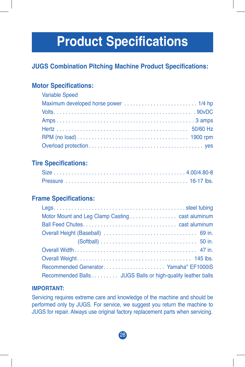 Product specifications | JUGS Sports Combo (2 wheel) Pitching Machine User Manual | Page 30 / 36