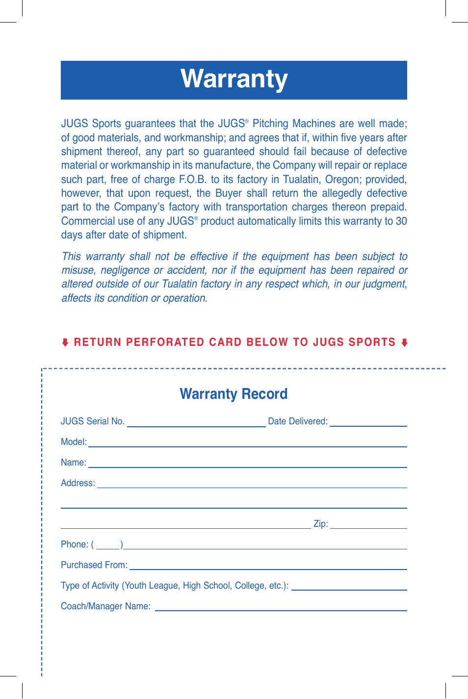 Warranty, Warranty record | JUGS Sports Combo (2 wheel) Pitching Machine User Manual | Page 33 / 36