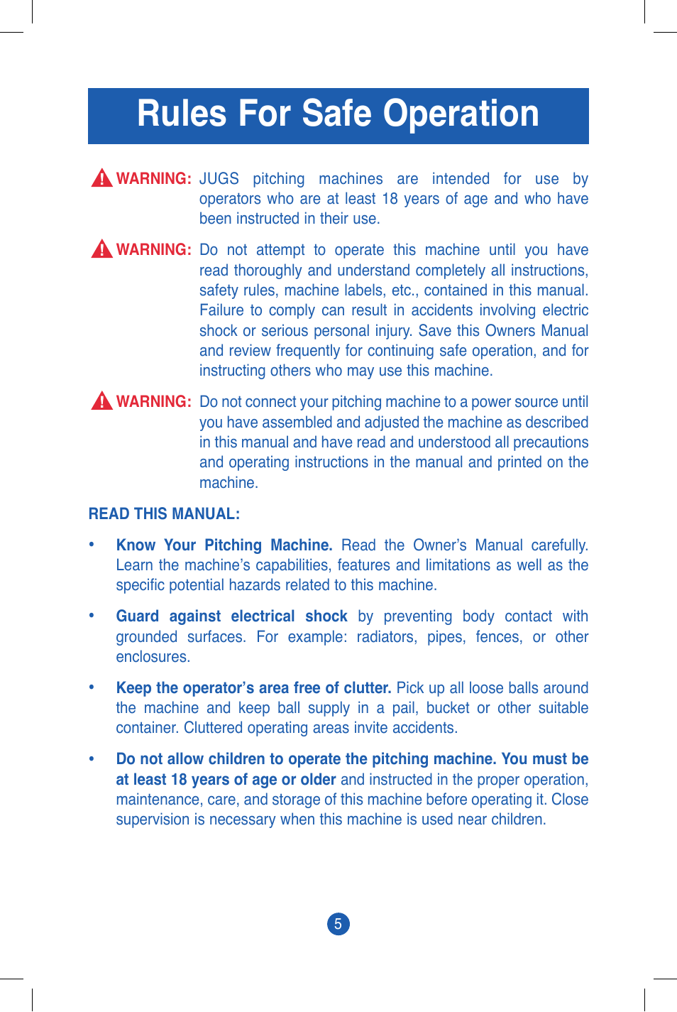Rules for safe operation | JUGS Sports Combo (2 wheel) Pitching Machine User Manual | Page 7 / 36