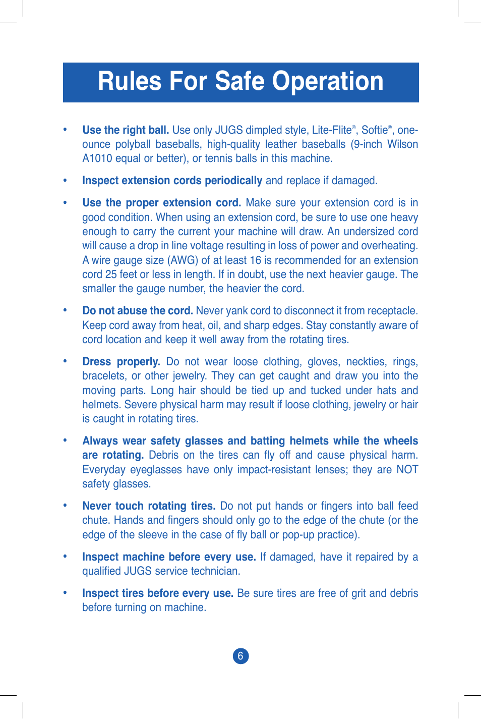 Rules for safe operation | JUGS Sports Combo (2 wheel) Pitching Machine User Manual | Page 8 / 36