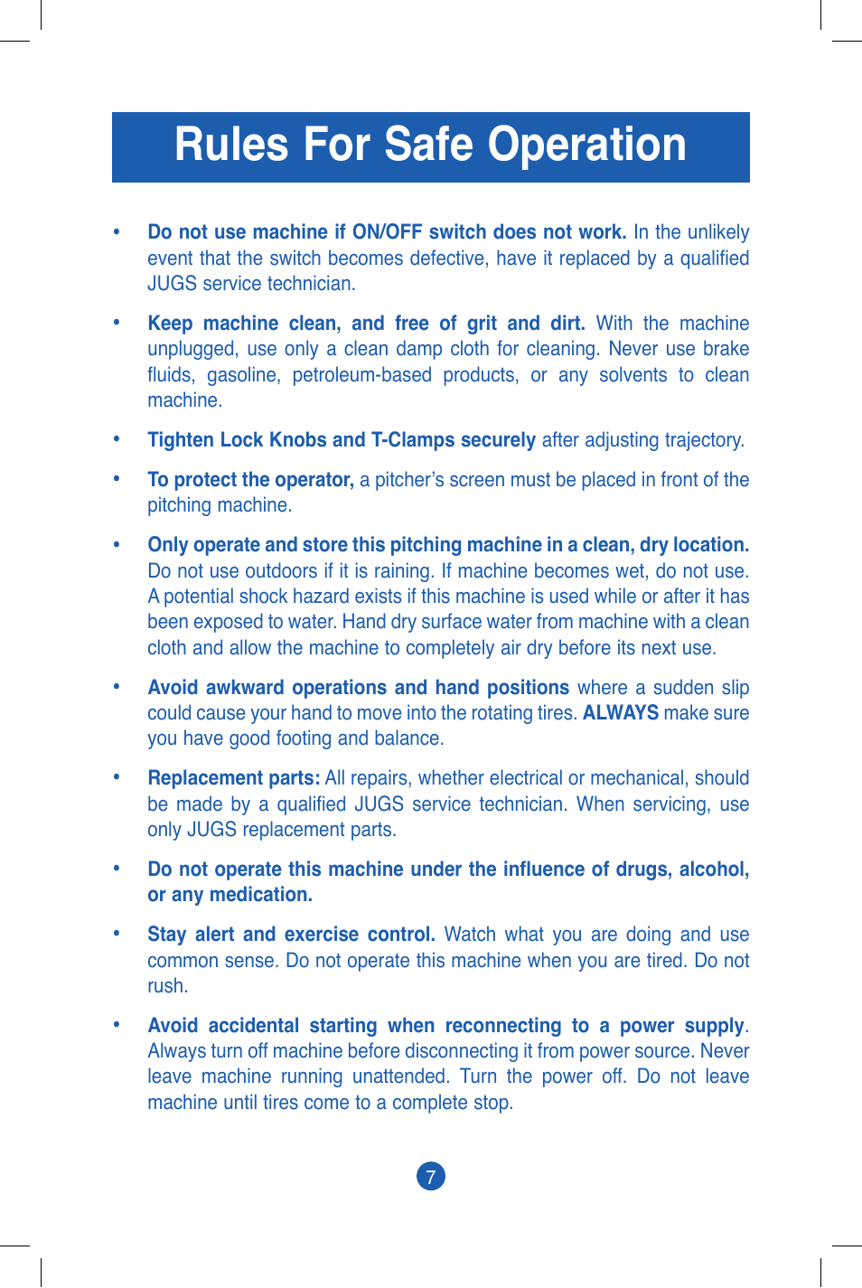Rules for safe operation | JUGS Sports Combo (2 wheel) Pitching Machine User Manual | Page 9 / 36