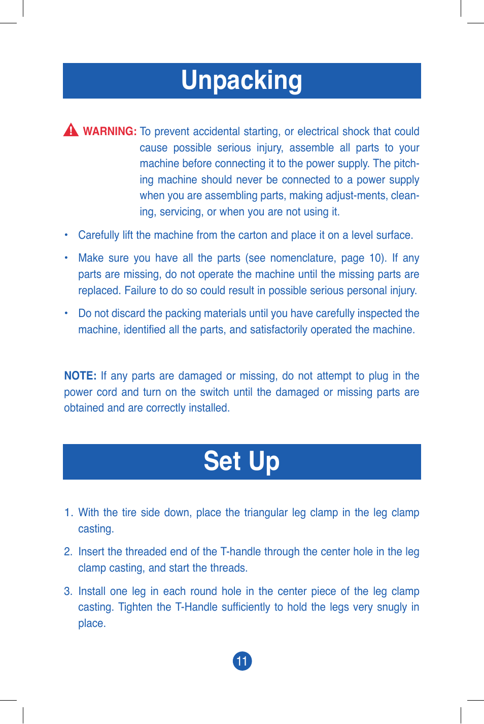 Unpacking, Set up | JUGS Sports 101 (2 wheel) Baseball Pitching Machine User Manual | Page 13 / 28