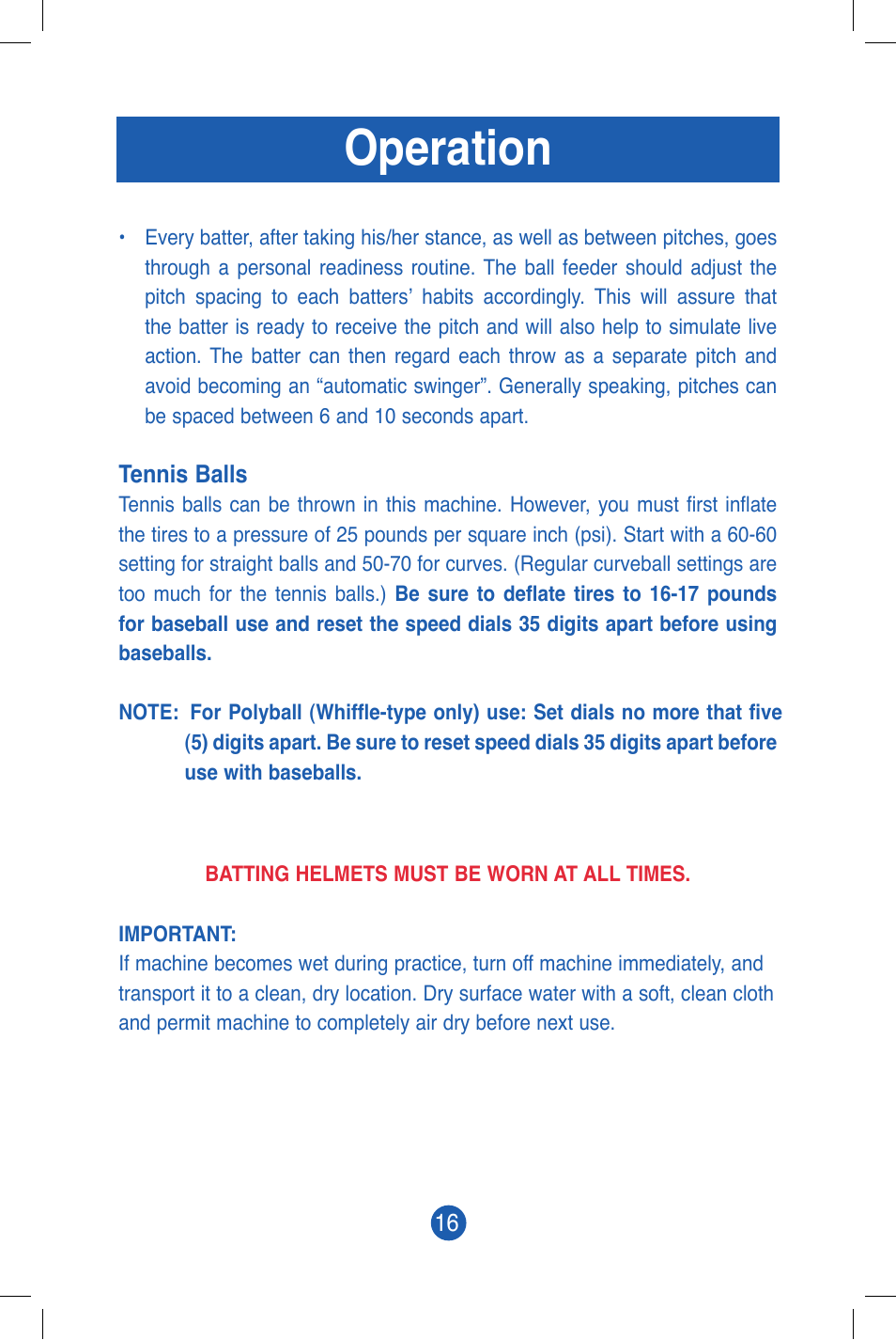 Operation | JUGS Sports 101 (2 wheel) Baseball Pitching Machine User Manual | Page 18 / 28