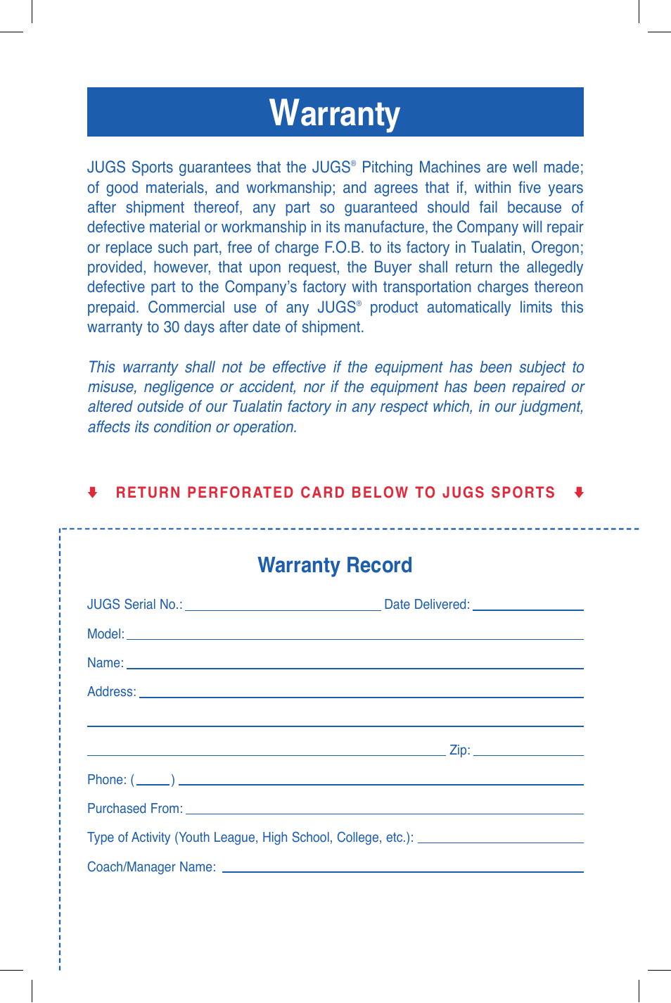 Arranty, Warranty record | JUGS Sports 101 (2 wheel) Baseball Pitching Machine User Manual | Page 25 / 28