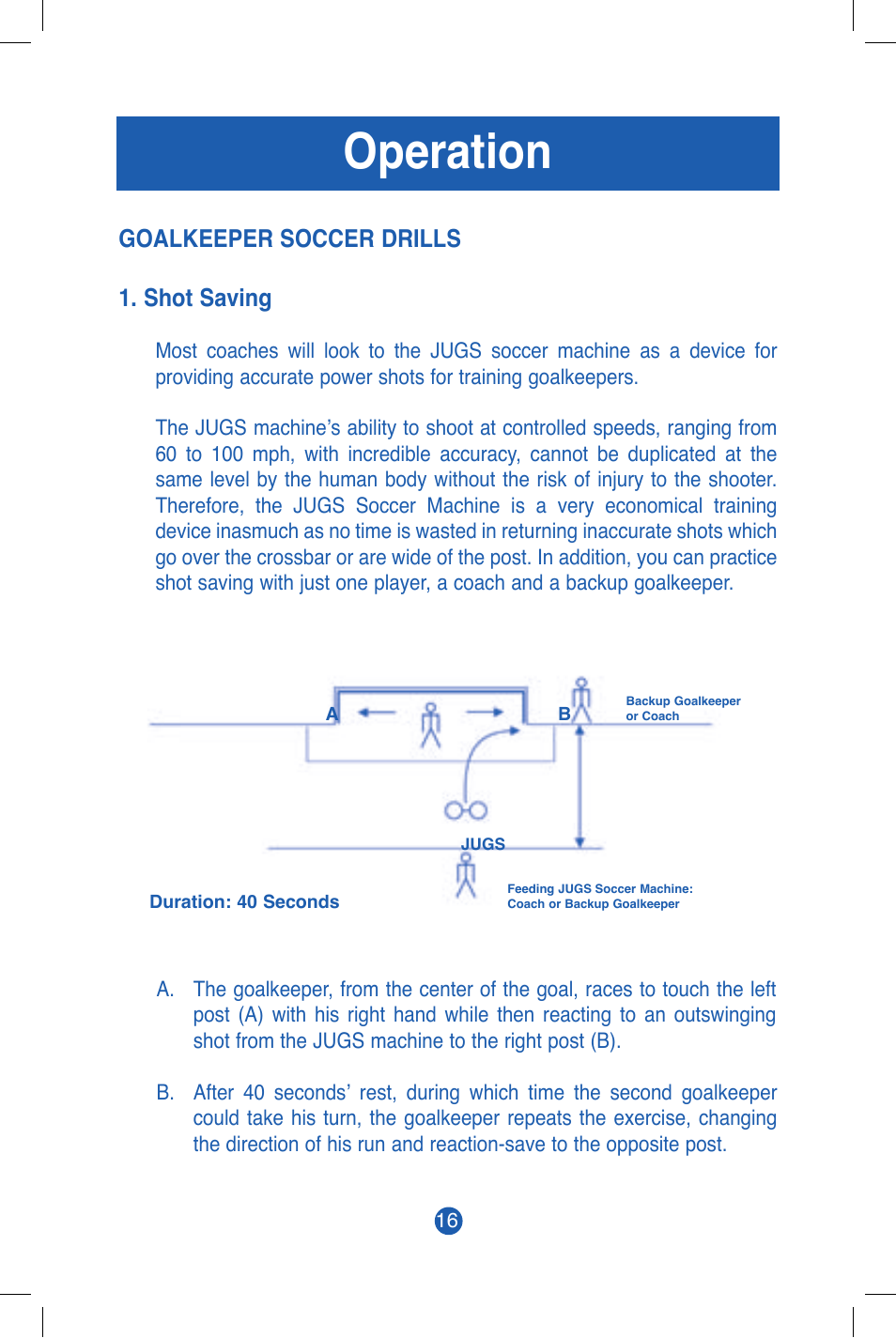 Operation, Goalkeeper soccer drills 1. shot saving | JUGS Sports Soccer Machine User Manual | Page 18 / 32