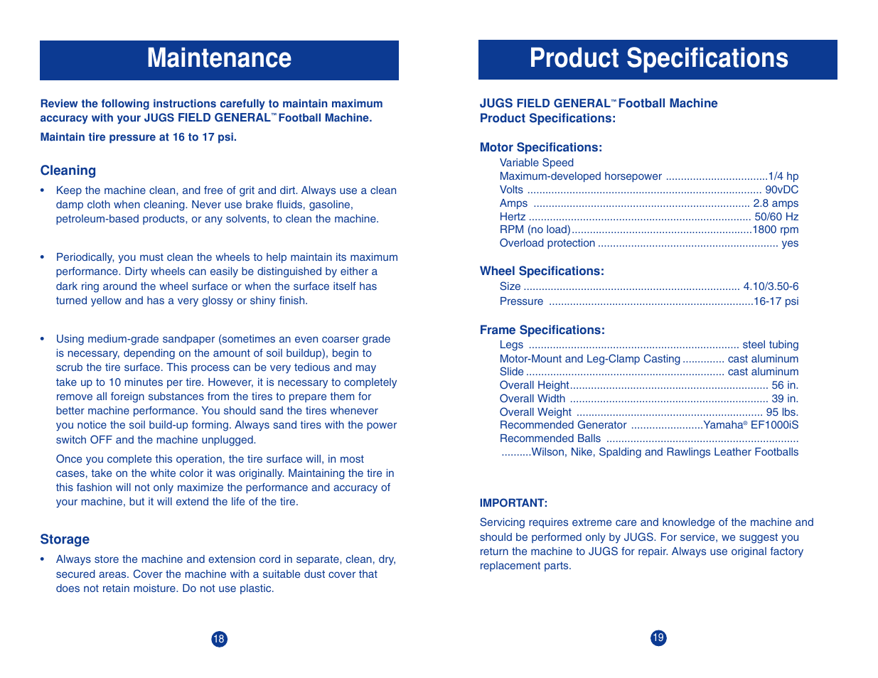 Maintenance product specifications | JUGS Sports Field General Football Machine User Manual | Page 11 / 15