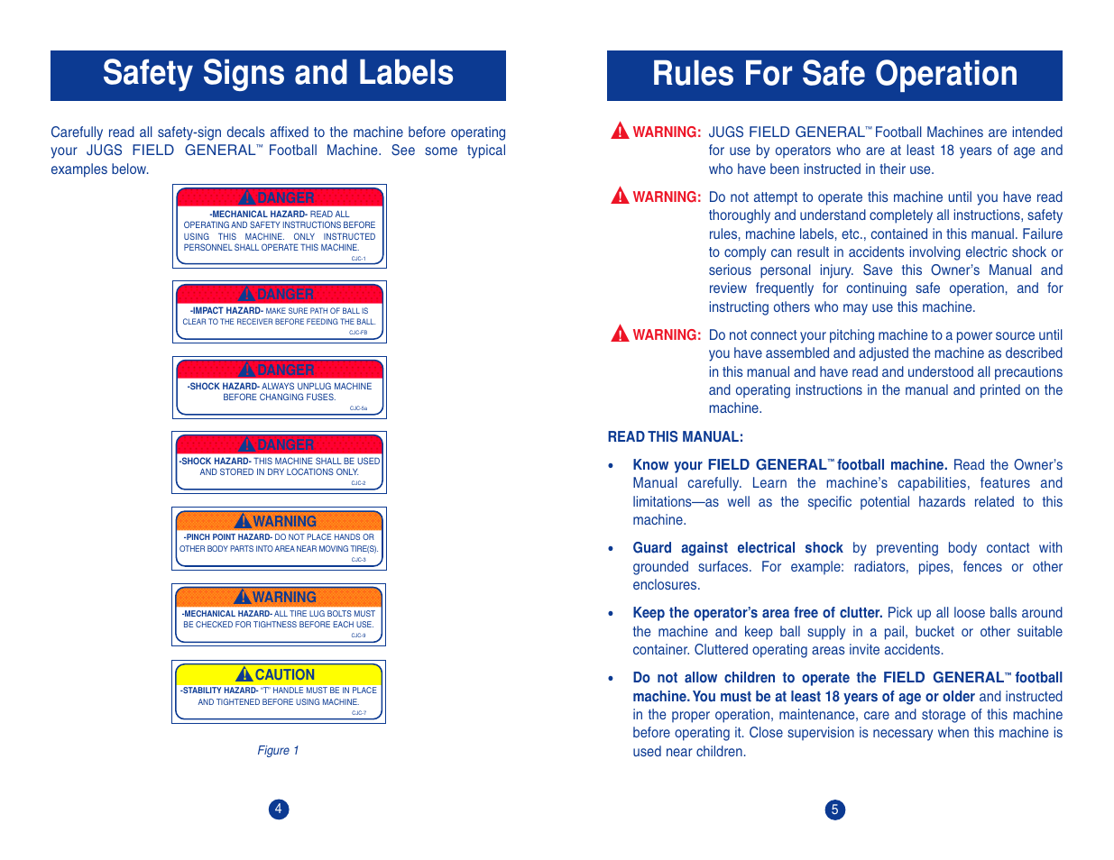 Safety signs and labels rules for safe operation | JUGS Sports Field General Football Machine User Manual | Page 4 / 15